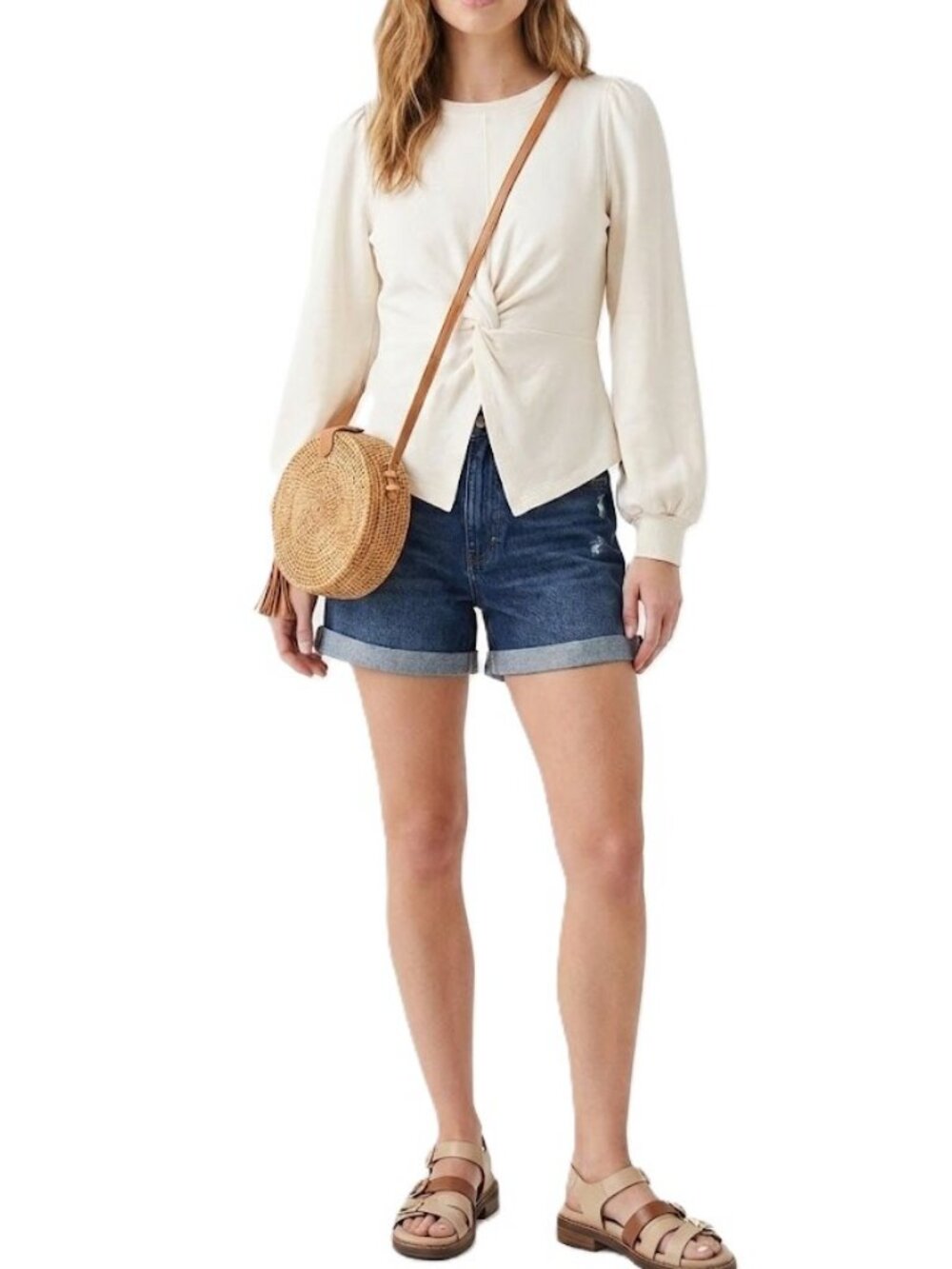 Anthropologie Pilcro Twist Front Cotton Pullover Small Puff Sleeve Cream